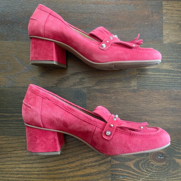 Like NEW Franco Sarto Red Fringe Suede Leather Block Heels Loafers - Picture 4 of 10